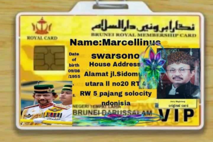 FAKE Brunei Royal Membership Card with a person's name and details on a wooden surface